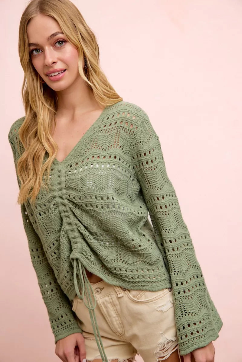 BiBi Pointelle Knit V Neck Ruched Front Lightweight Top Trendsi