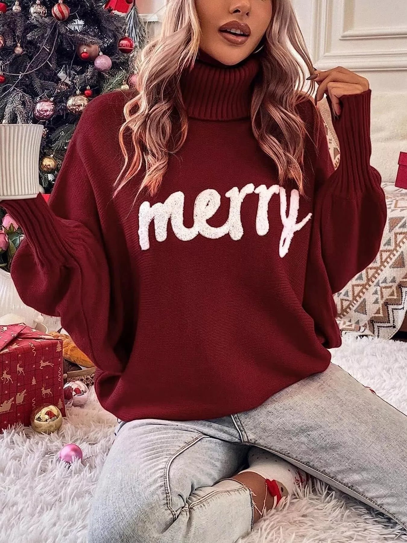 Merry Turtleneck Long Sleeve Christmas Sweater Trendsi