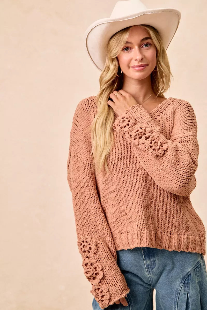 BiBi Chunky Knit Sweater with Flower Detail Sleeves Trendsi