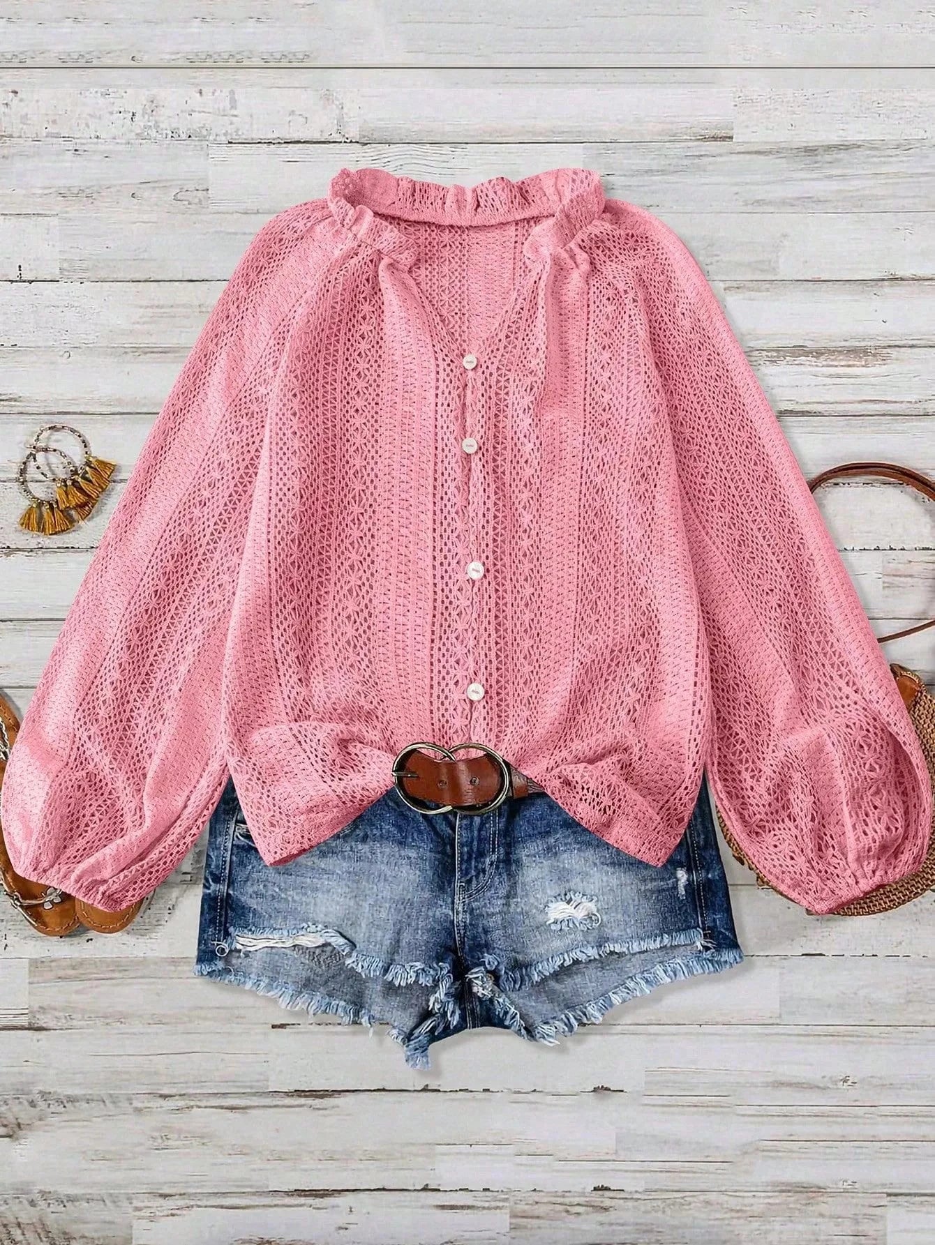 Lace Notched Long Sleeve Shirt 