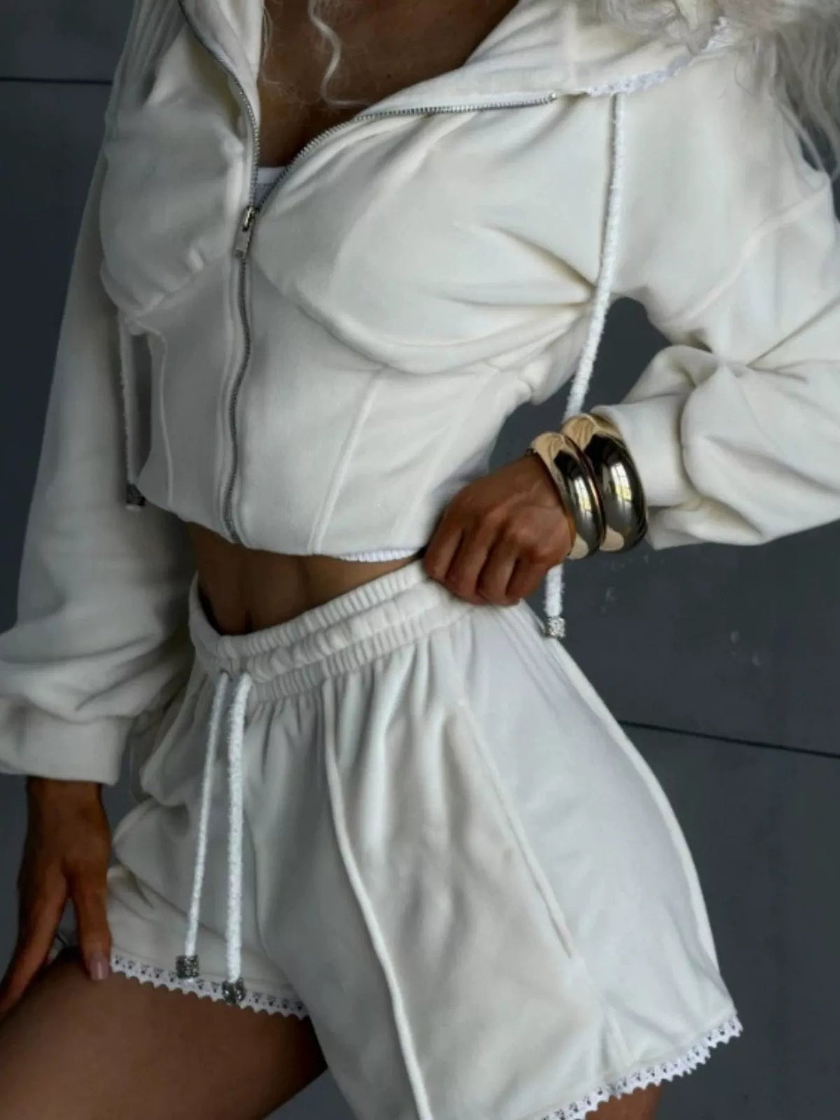 Drawstring Zip-Up Hoodie and Shorts Set 