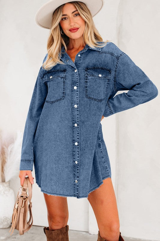 Solid Denim Chest Pocket Raw Hem Shirt Dress 