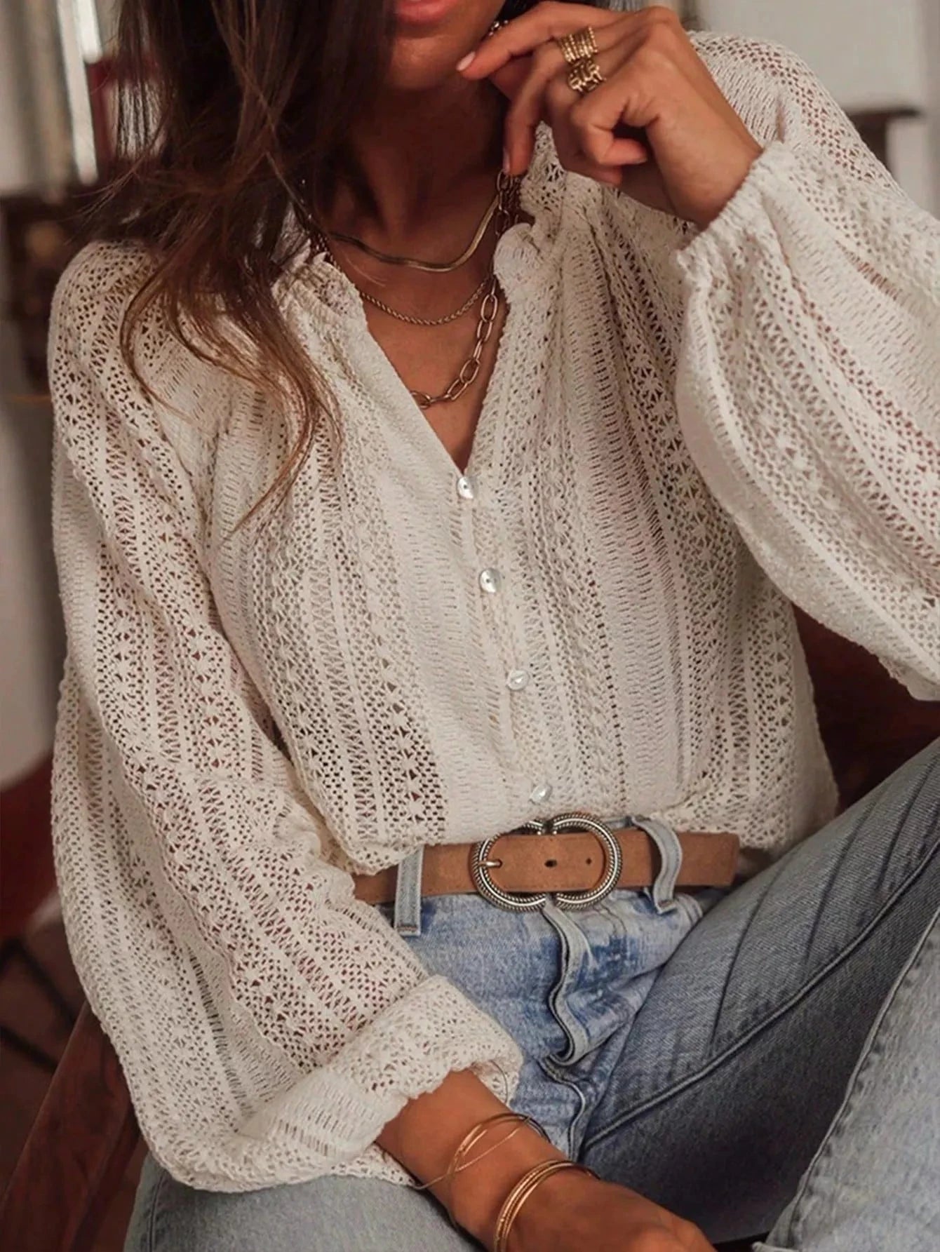 Lace Notched Long Sleeve Shirt 