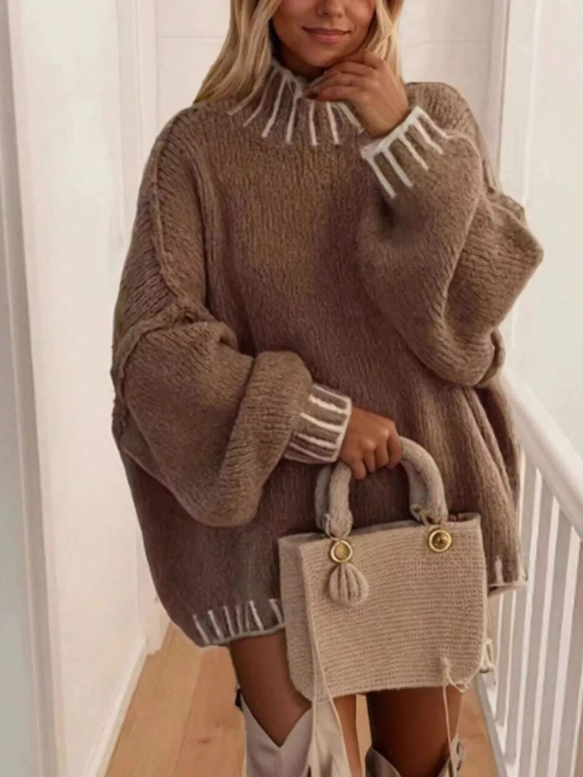 Contrast Trim Chunky Knit Sweater Trendsi