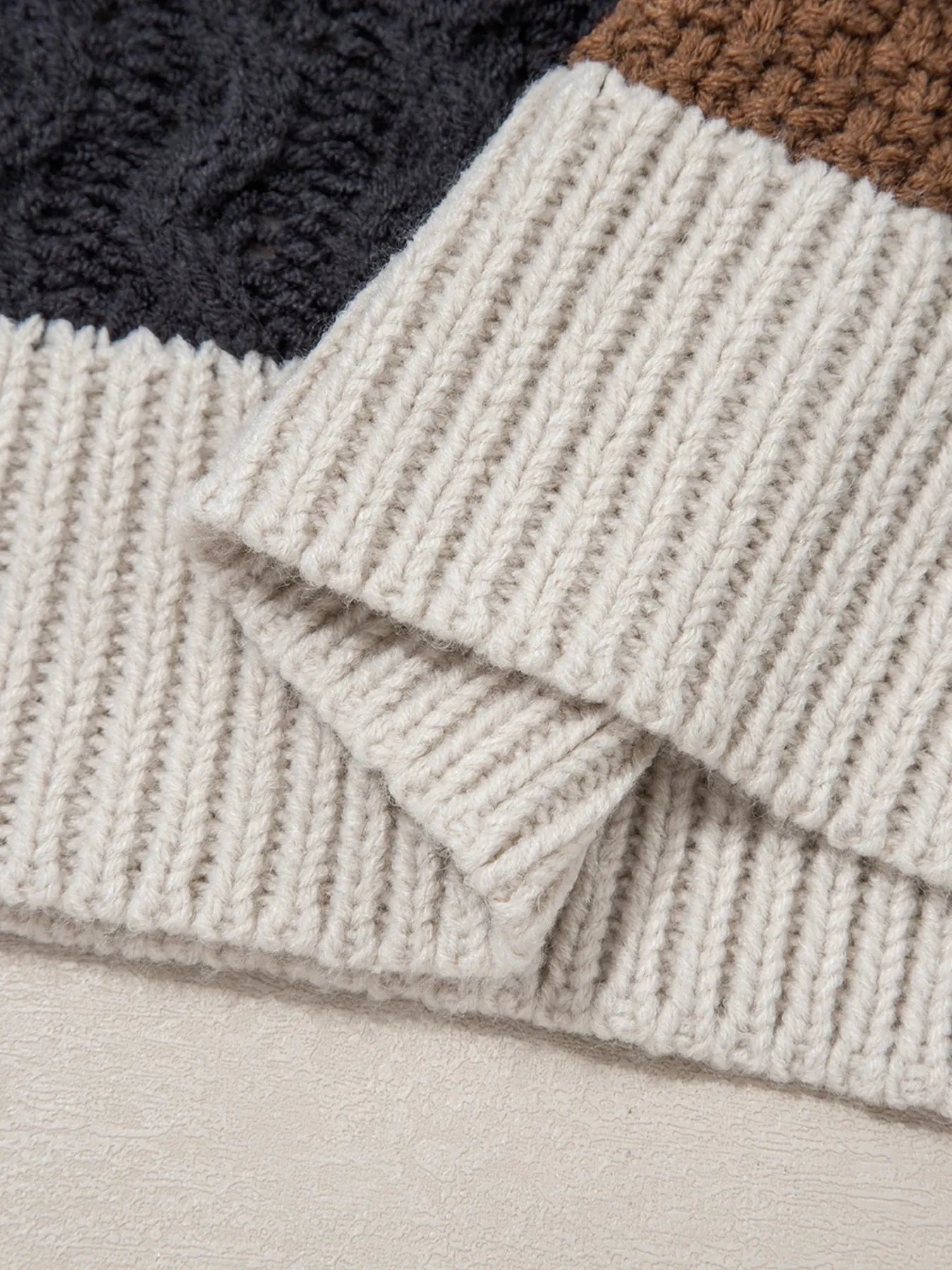 Multicolour Color Block Cable Knit Sleeve Buttons Collared Sweater 