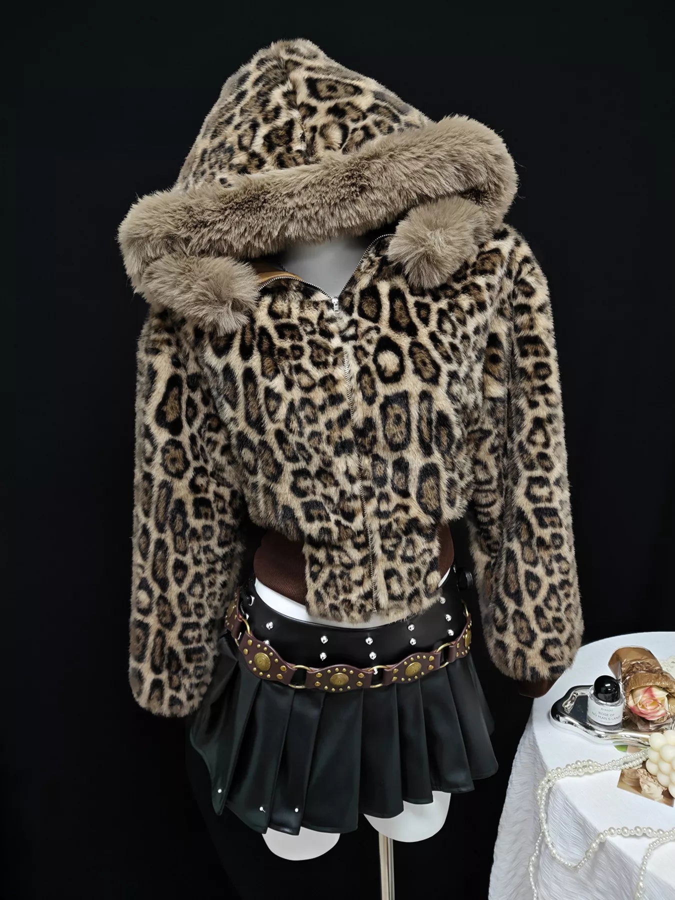 Leopard Faux Fur Hooded Outerwear 