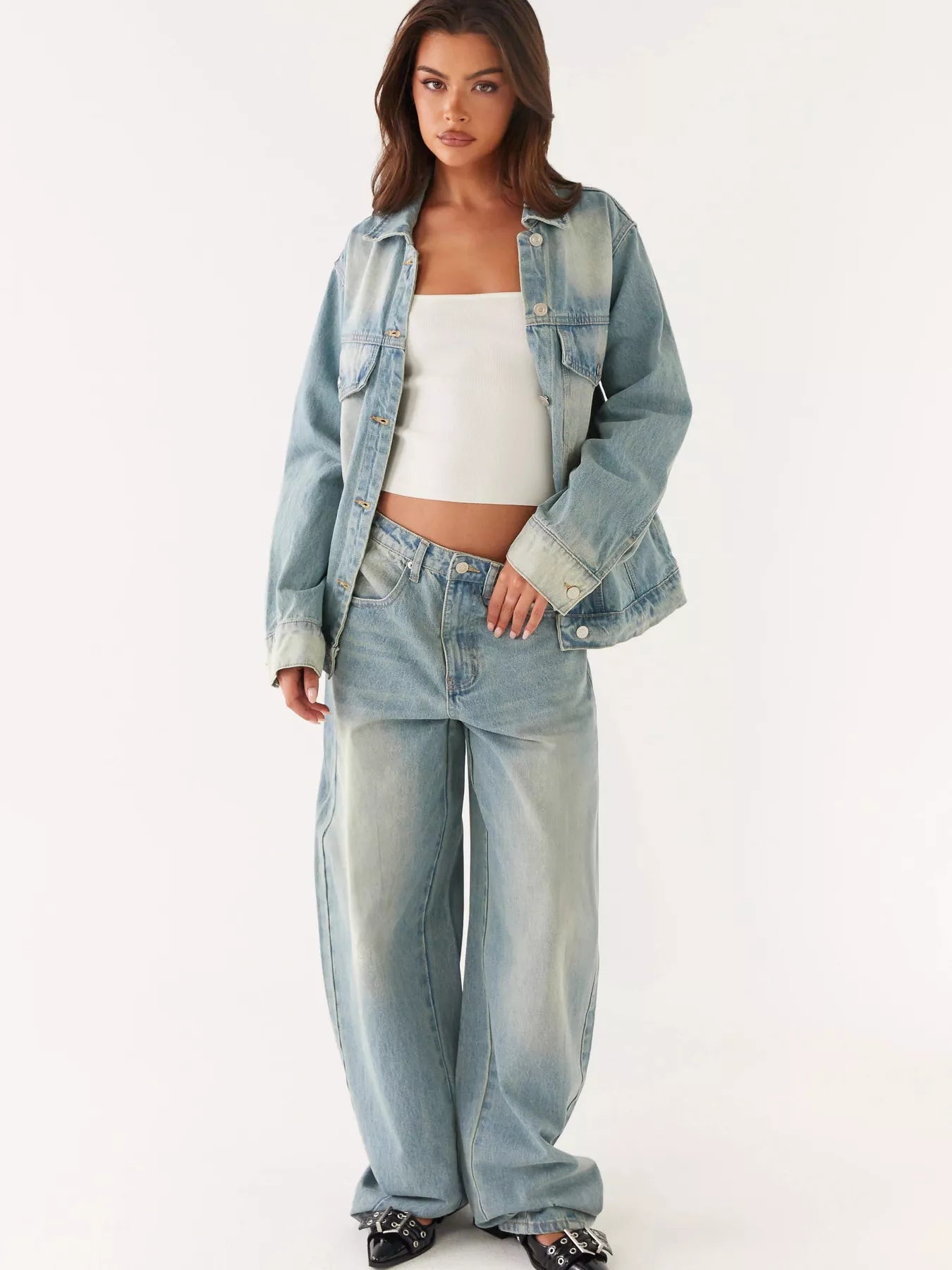 Button Up Denim Jacket and Jeans Set Trendsi
