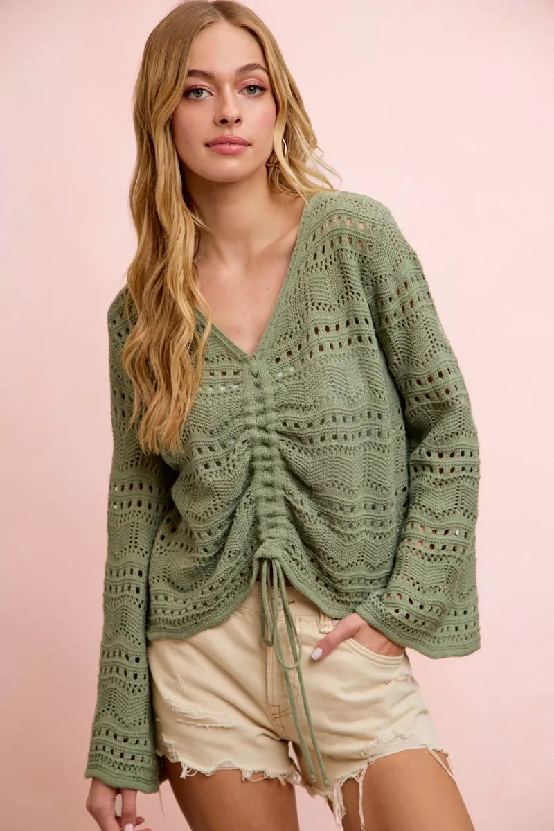 BiBi Pointelle Knit V Neck Ruched Front Lightweight Top Trendsi