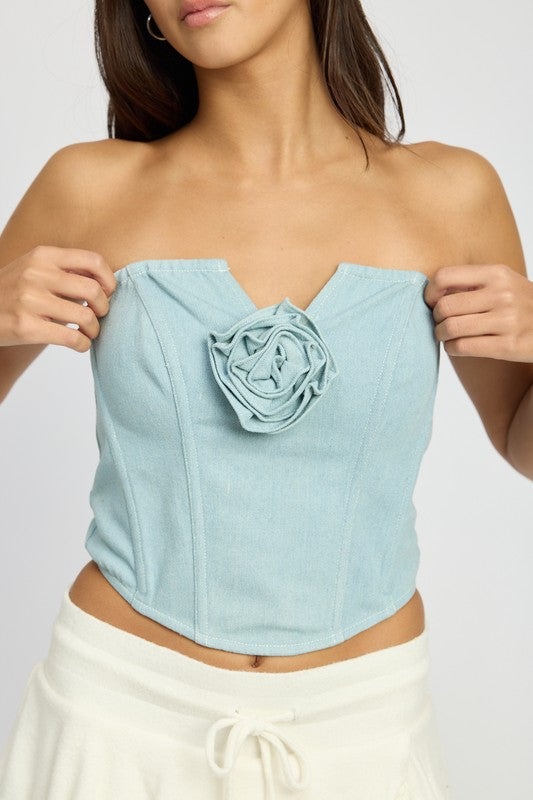 DENIM ROSETTE CORSET TUBE TOP 