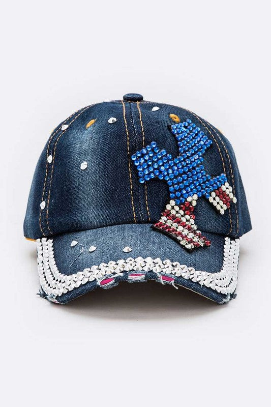 USA Flag Color Cross Denim Cap Artini Accessories