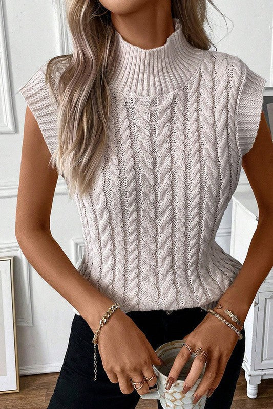 Women Oatmeal Cable Knit High Neck Sweater Vest 