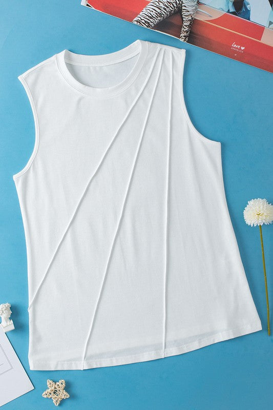 Women White Crew Neck Pleated Tank Top YNIQUE