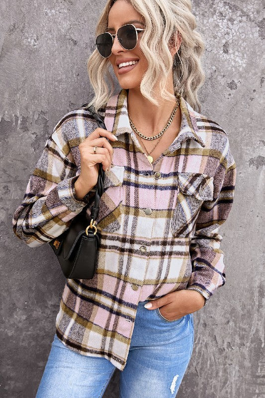 Women Geometric Plaid Print Pocketed Shacket YNIQUE