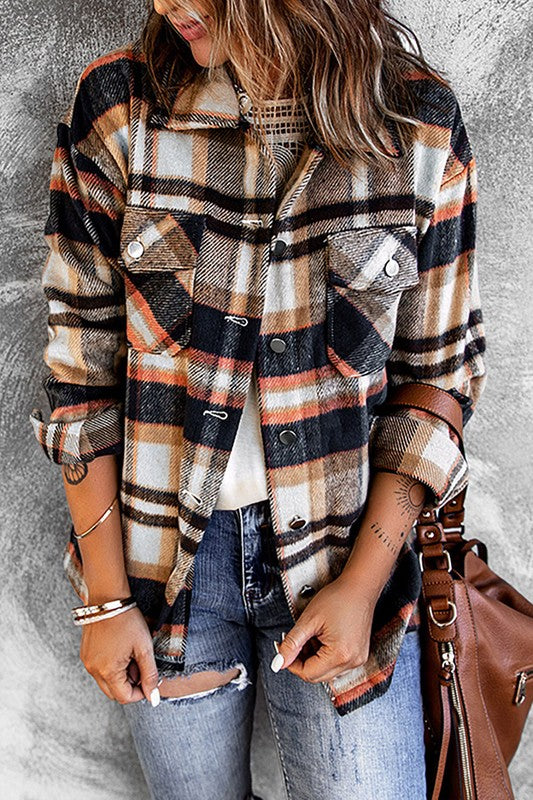 Women Geometric Plaid Print Pocketed Shacket YNIQUE