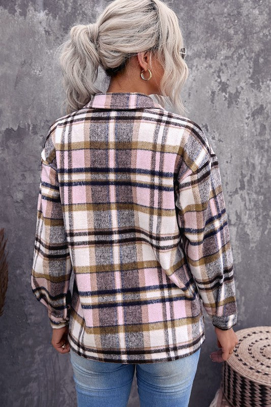 Women Geometric Plaid Print Pocketed Shacket YNIQUE