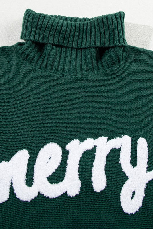 Christmas Merry Embroidered Puff Sleeve Turtleneck 