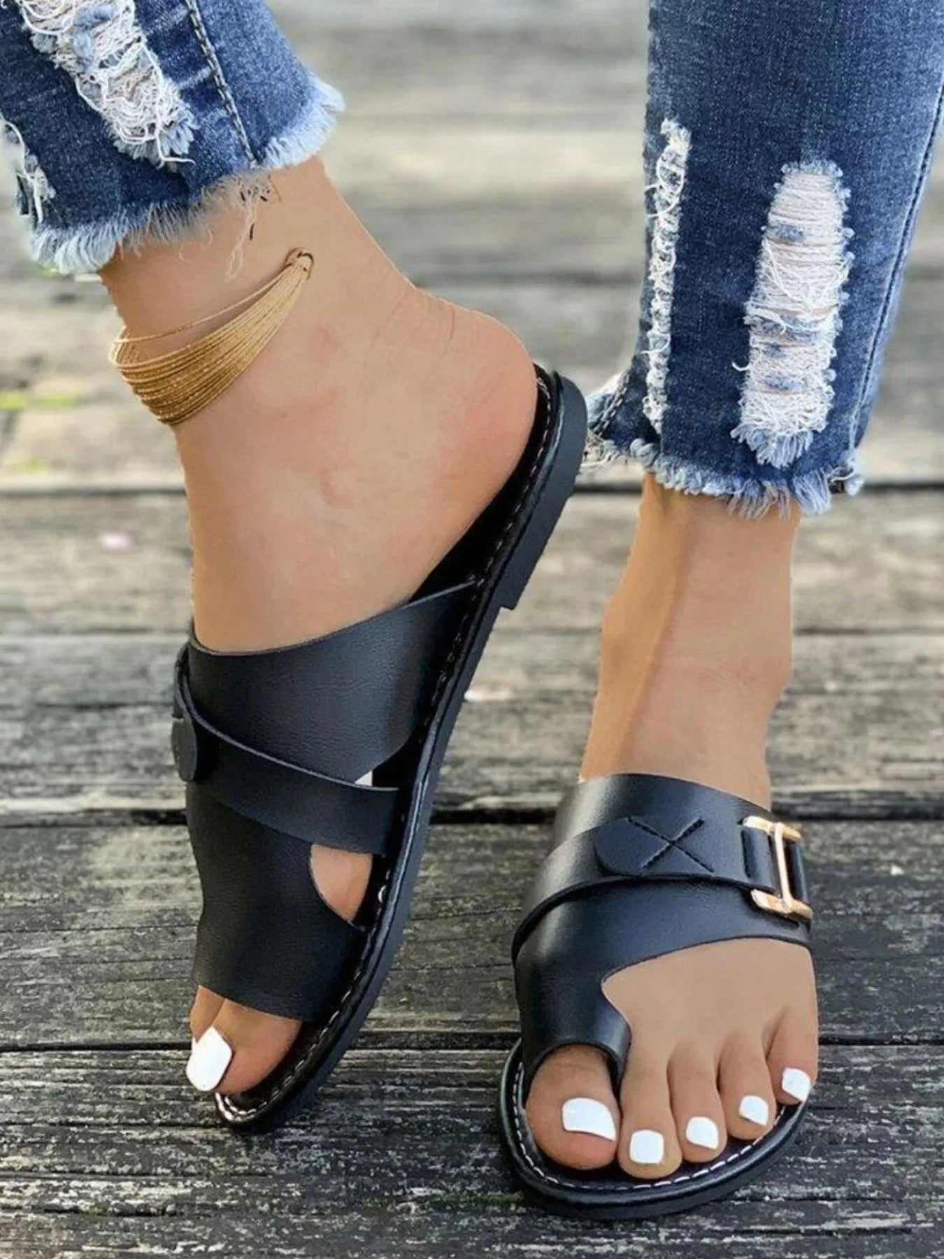 Casual Toe Ring Buckle Flat Sandals Trendsi