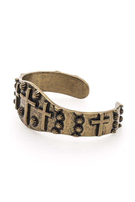Embossed Cross Open Cuff Bangle 
