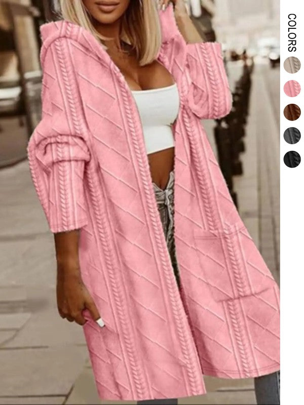 Womens Long Cardigans Cable Knitted Open Front 