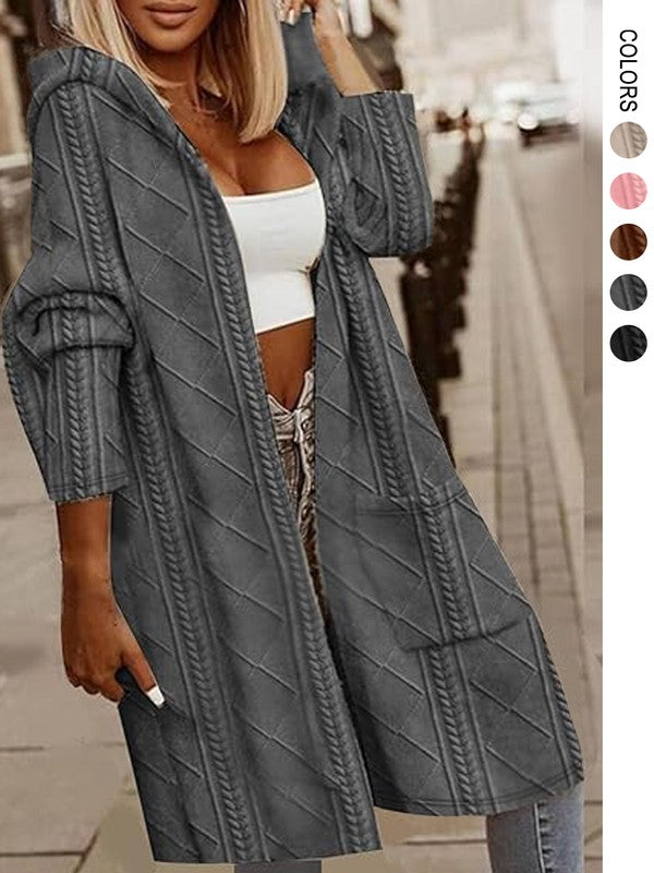 Womens Long Cardigans Cable Knitted Open Front 