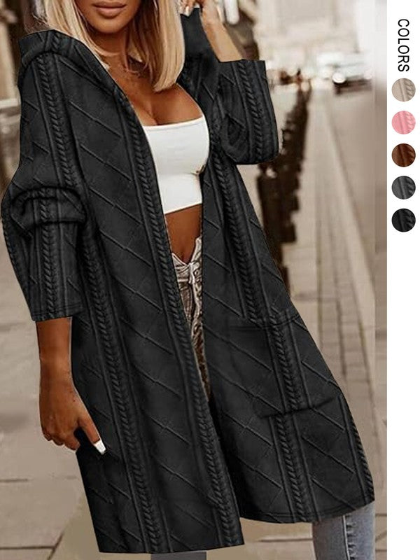 Womens Long Cardigans Cable Knitted Open Front 