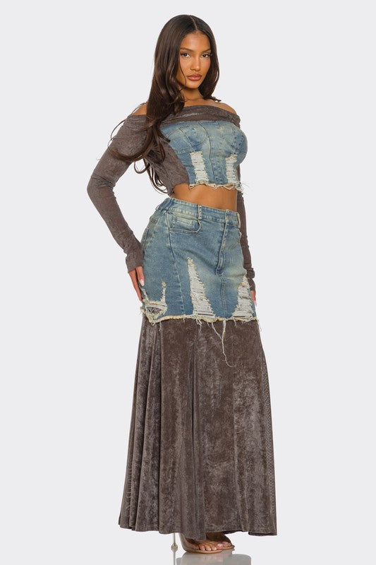 Velvet-Denim Fusion Set Athina
