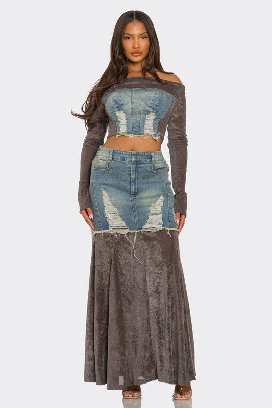 Velvet-Denim Fusion Set Athina