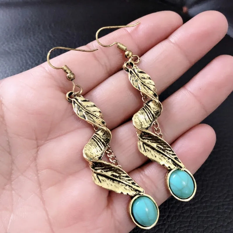 Alloy Leaf Artificial Turquoise Earrings Trendsi