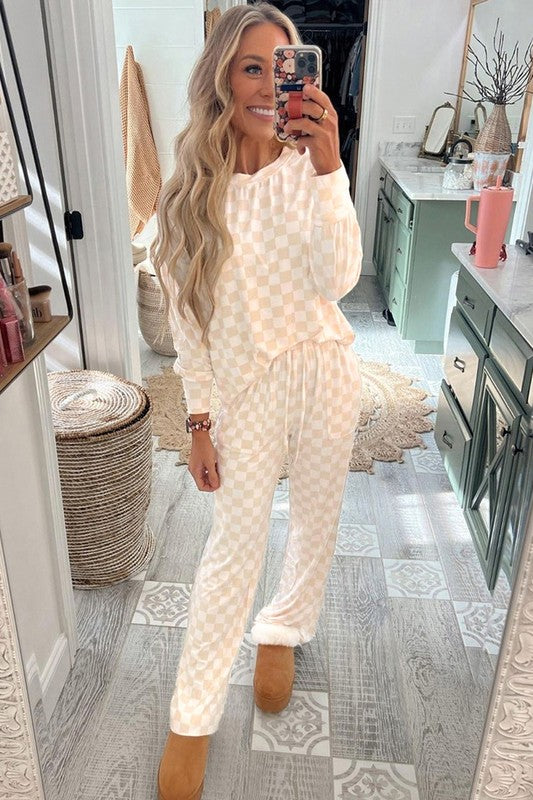 Checkered Print Long Sleeve Top Pants Lounge Set 