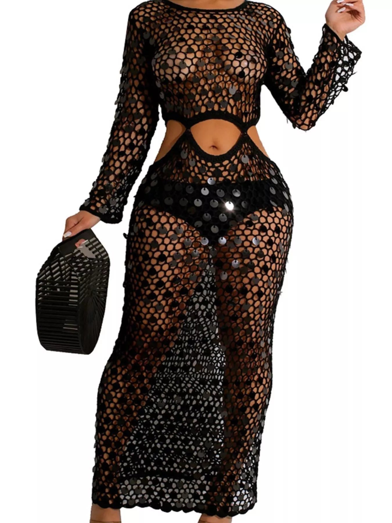 Sequin Mesh Cutout Maxi Dress 