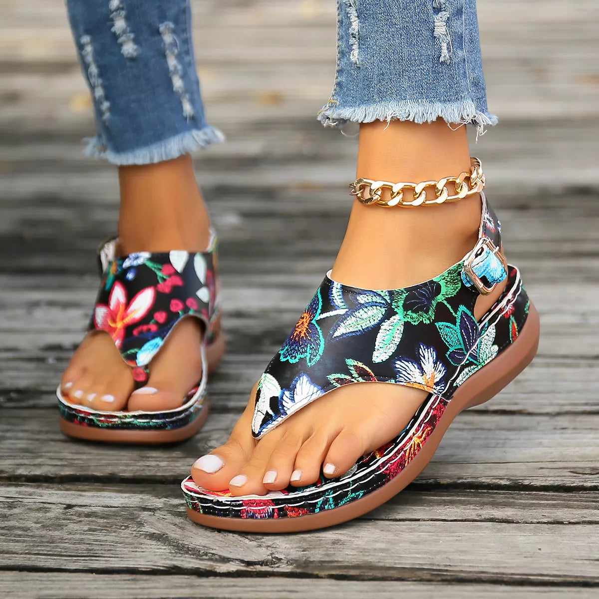 Floral Thong Wedge Sandals Trendsi