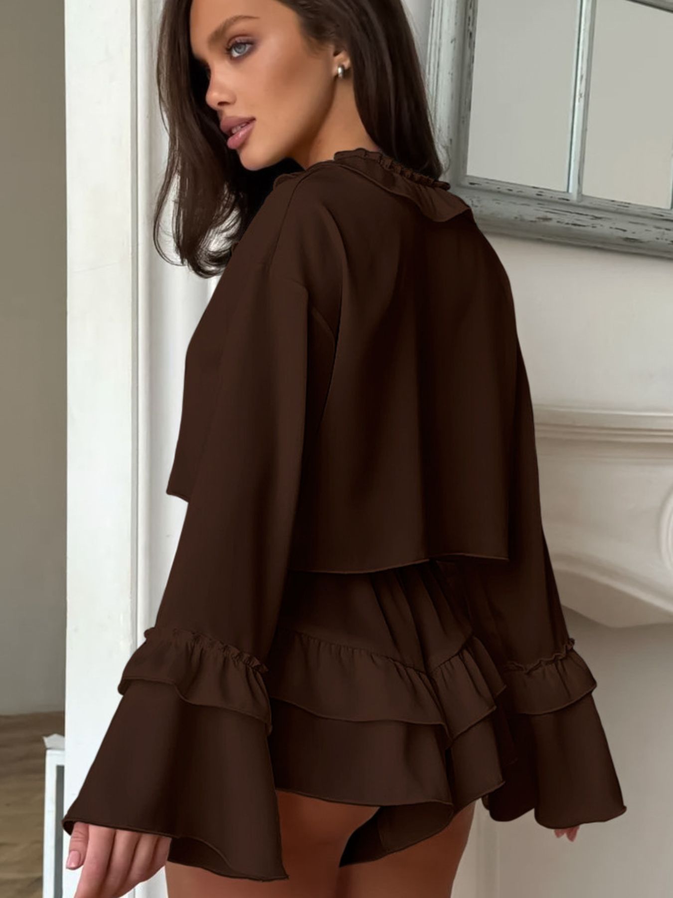 Ruffled V-Neck Top and Shorts Set Trendsi
