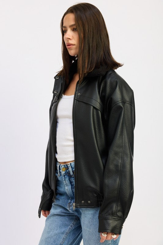 SHEARLING COLLAR VEGAN LEATHER JACKET 