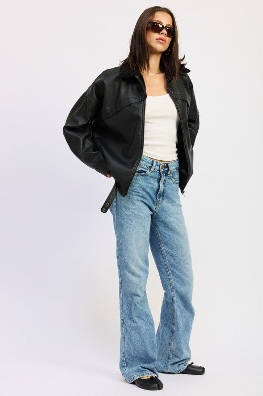 SHEARLING COLLAR VEGAN LEATHER JACKET 