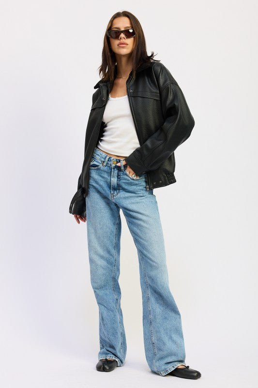 SHEARLING COLLAR VEGAN LEATHER JACKET 