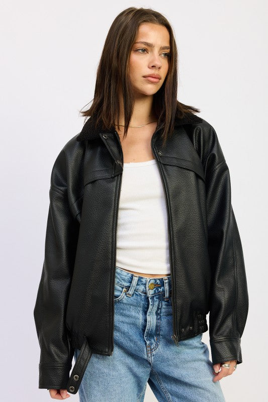 SHEARLING COLLAR VEGAN LEATHER JACKET 