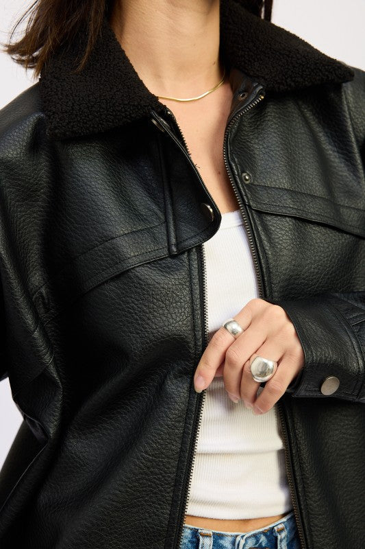 SHEARLING COLLAR VEGAN LEATHER JACKET 