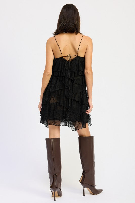 LACE RUFFLE MINI DRESS WITH SPAGHETTI STRAPS 