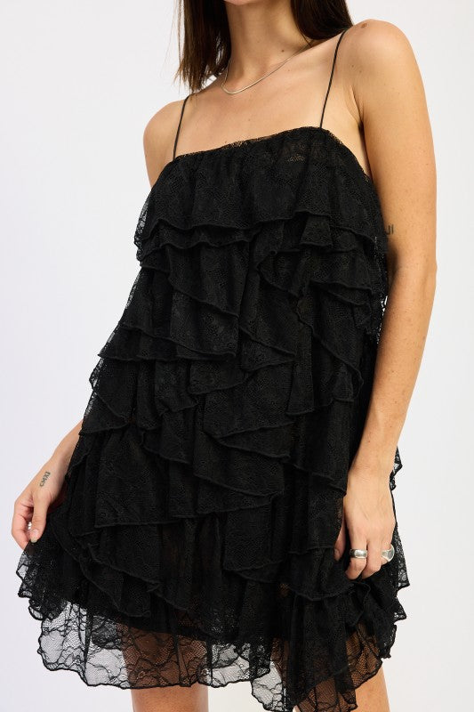 LACE RUFFLE MINI DRESS WITH SPAGHETTI STRAPS 