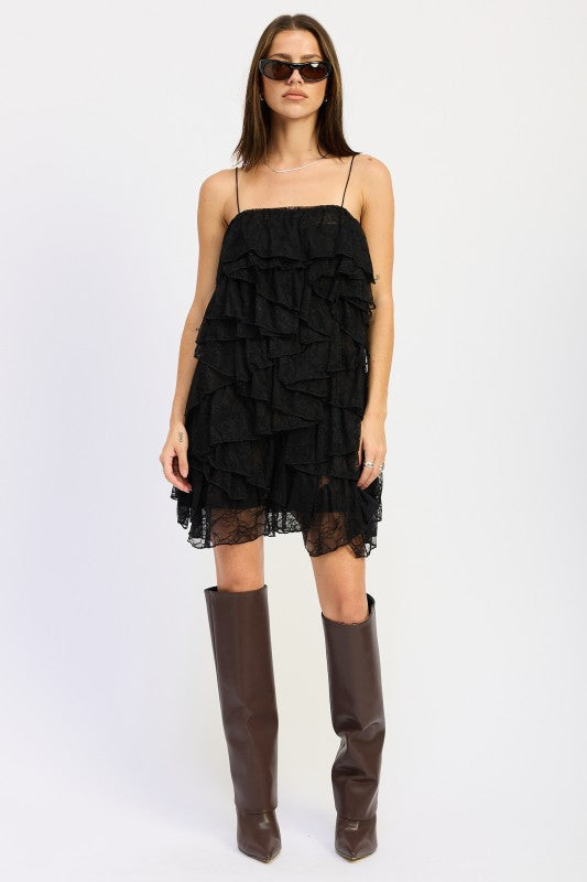LACE RUFFLE MINI DRESS WITH SPAGHETTI STRAPS 