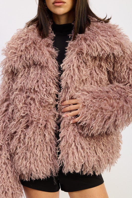 SHAGGY FAUR FUR COAT WITH COLLAR 