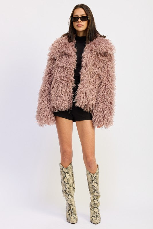 SHAGGY FAUR FUR COAT WITH COLLAR 