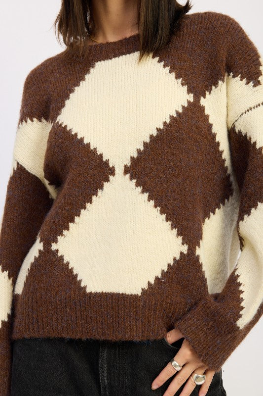 TWO TONE ARGYLE OVERSIZED SWEATER 