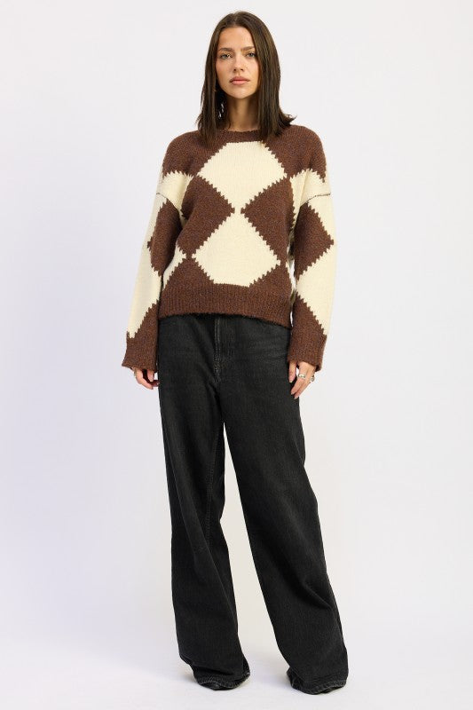 TWO TONE ARGYLE OVERSIZED SWEATER 