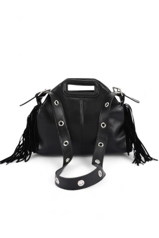 Leather Fringe Top Handle Convertible Shoulder Bag 