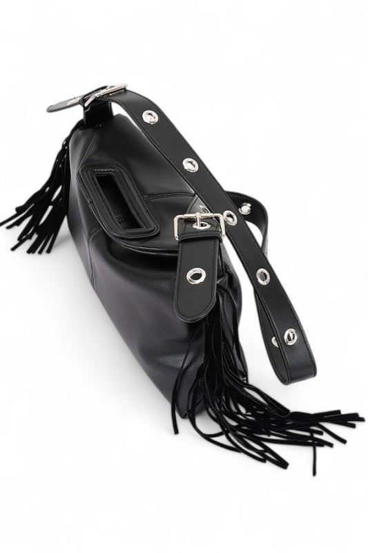 Leather Fringe Top Handle Convertible Shoulder Bag 