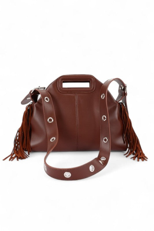 Leather Fringe Top Handle Convertible Shoulder Bag 