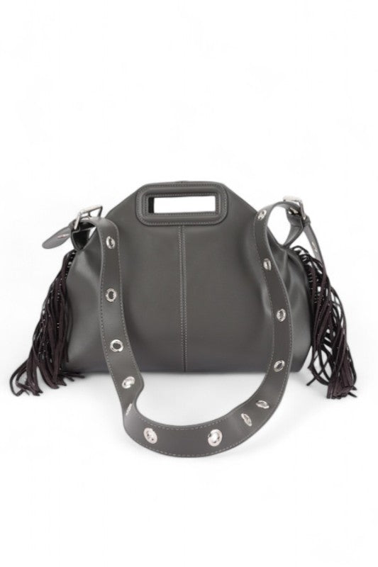 Leather Fringe Top Handle Convertible Shoulder Bag 