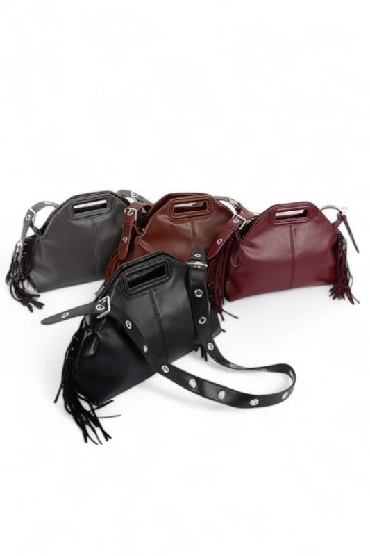 Leather Fringe Top Handle Convertible Shoulder Bag 