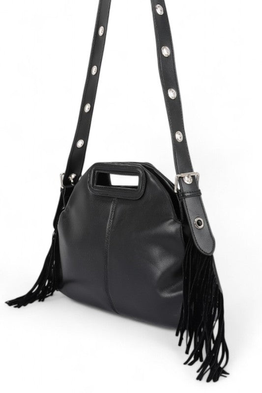 Leather Fringe Top Handle Convertible Shoulder Bag 